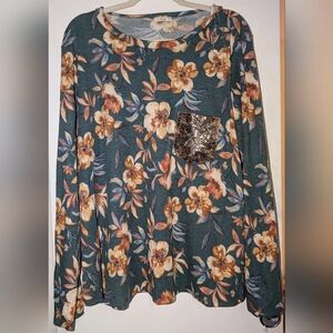 NWOT E. Luna 3X Green Floral Waffle Knit Sequin Pocket Top